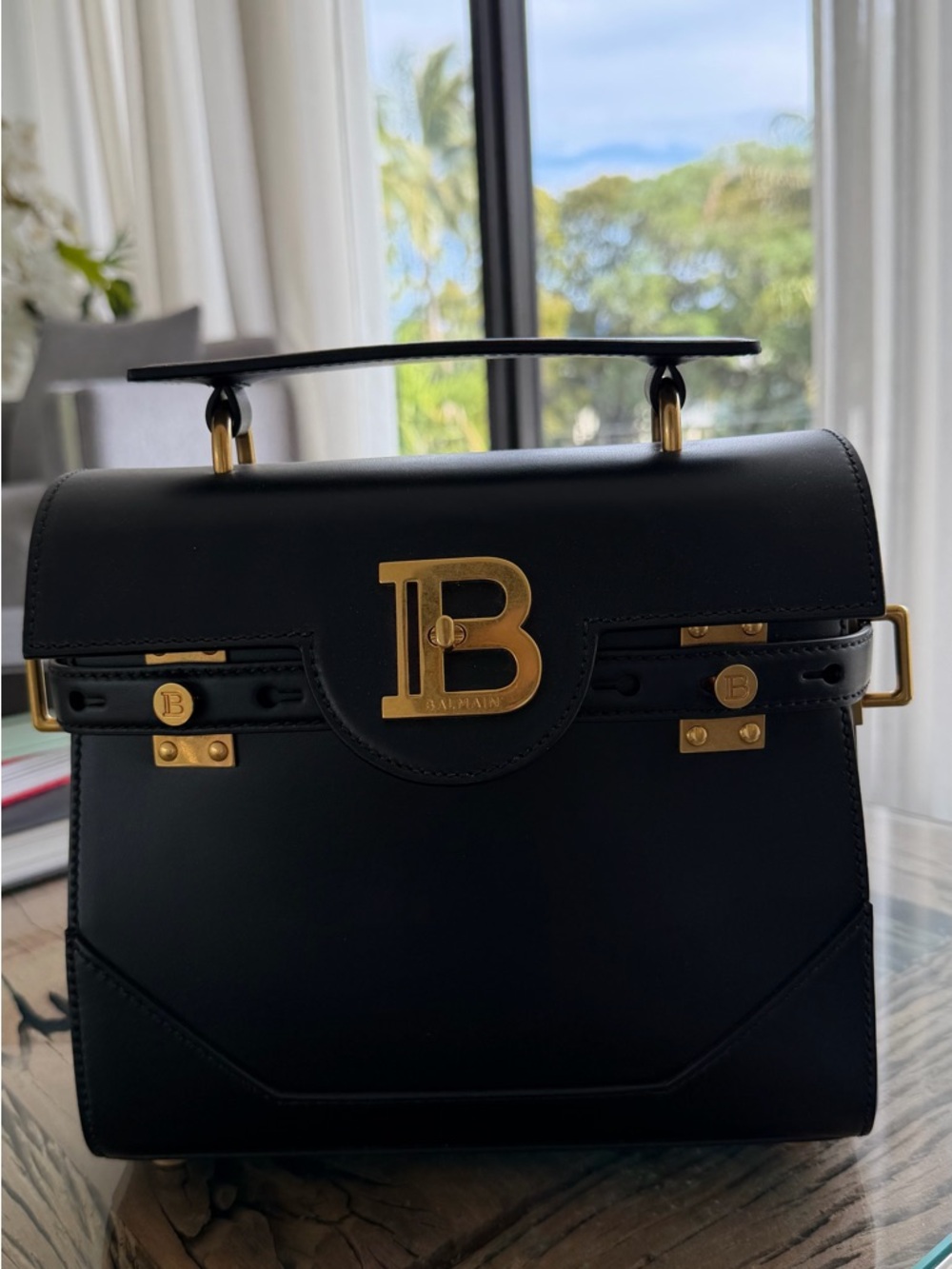 Balmain B-Buzz Top Handle Bag Black Leather w/ Gold Hardware + Strap (Like New)